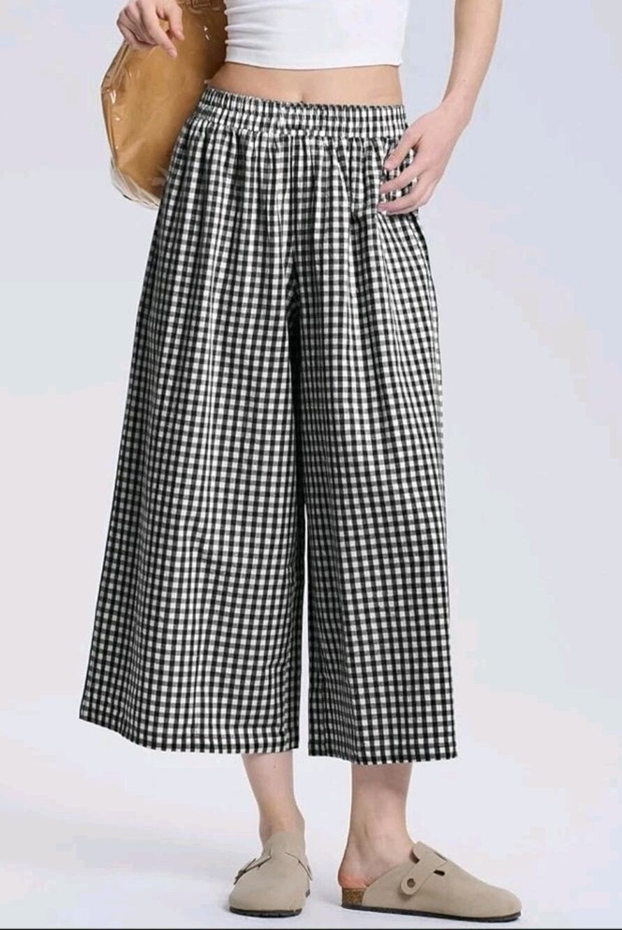 Lomon Black & White Gingham Boho Cropped Wide Leg Women’s Culottes Pants Size S